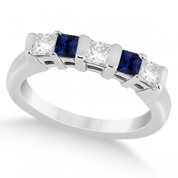 5 Stone Diamond & Blue Sapphire Princess Ring 14K White Gold 0.56ct