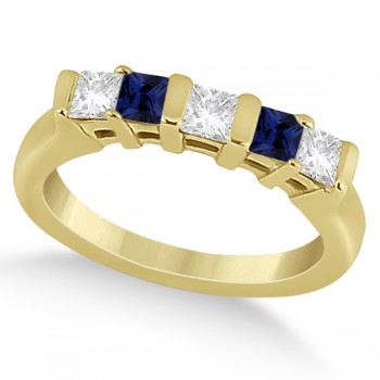 5 Stone Diamond & Blue Sapphire Princess Ring 14K Yellow Gold 0.56ct