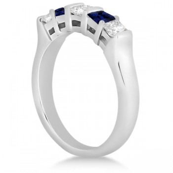 5 Stone Diamond & Blue Sapphire Princess Ring 18K White Gold 0.56ct