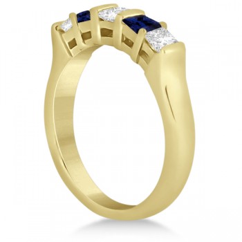 5 Stone Diamond & Blue Sapphire Princess Ring 18K Yellow Gold 0.56ct