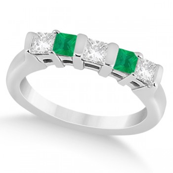 5 Stone Diamond & Green Emerald Princess Ring 14K White Gold 0.56ct