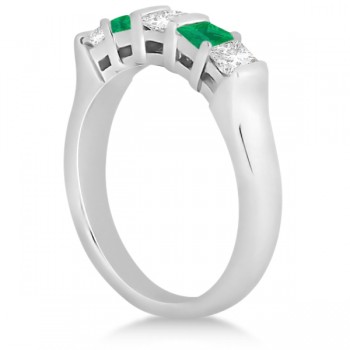 5 Stone Diamond & Green Emerald Princess Ring 18K White Gold 0.56ct