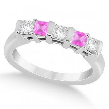 5 Stone Diamond & Pink Sapphire Princess Ring 14K White Gold 0.56ct