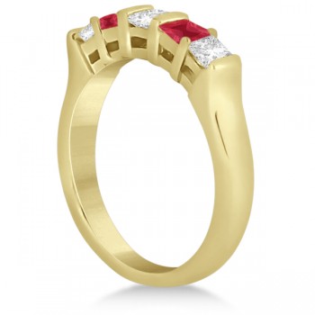 5 Stone Princess Diamond & Ruby Wedding Band 18K Yellow Gold 0.56ct