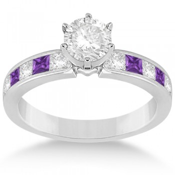 Channel Amethyst & Diamond Engagement Ring 14k White Gold (0.60ct)