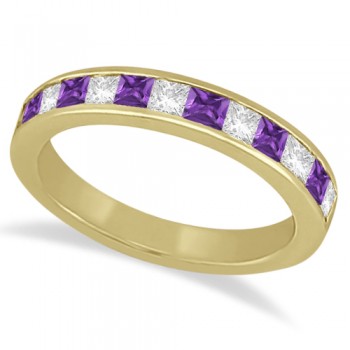 Channel Amethyst & Diamond Wedding Ring 14k Yellow Gold (0.70ct)