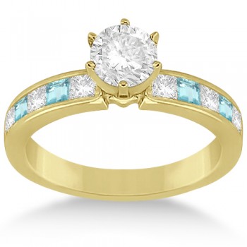 Channel Aquamarine & Diamond Engagement Ring 18k Yellow Gold (0.60ct)