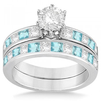 Channel Aquamarine & Diamond Bridal Set 14k White Gold (1.30ct)