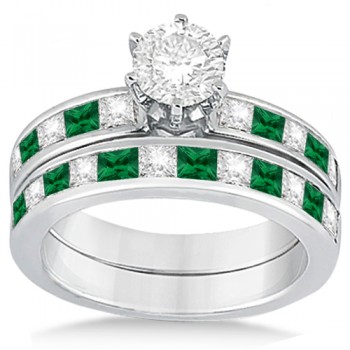 Channel Emerald & Diamond Bridal Set 14k White Gold (1.10ct)