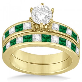 Channel Emerald & Diamond Bridal Set 14k Yellow Gold (1.10ct)