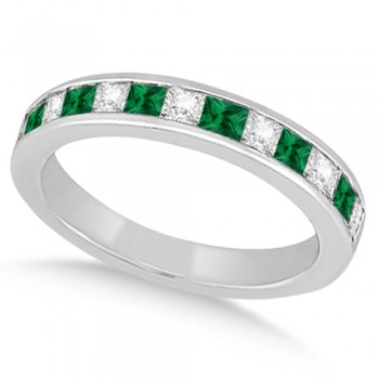 Channel Emerald & Diamond Wedding Ring 14k White Gold (0.60ct)