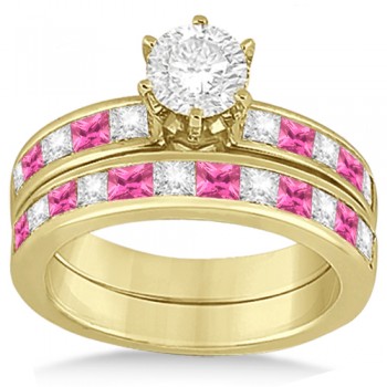 Channel Pink Sapphire & Diamond Bridal Set 14k Yellow Gold (1.30ct)