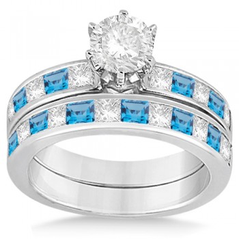 Channel Blue Topaz & Diamond Bridal Set 14k White Gold (1.30ct)