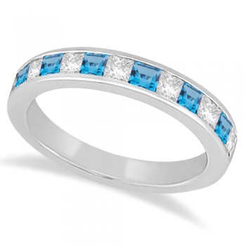 Channel Blue Topaz & Diamond Wedding Ring 14k White Gold (0.70ct)
