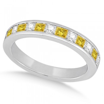 Princess Cut White & Yellow Diamond Wedding Band 14k White Gold 0.60ct