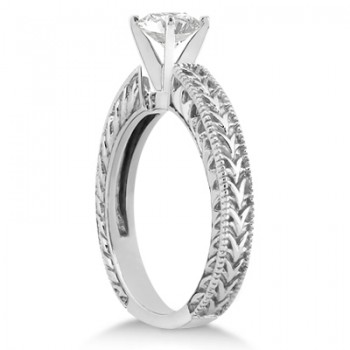 Antique Engraved Solitaire Engagement Ring Setting 14k White Gold