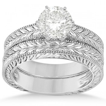 Vintage Carved Filigree Solitaire Bridal Set in 14k White Gold