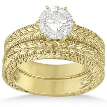 Vintage Carved Filigree Solitaire Bridal Set in 14k Yellow Gold