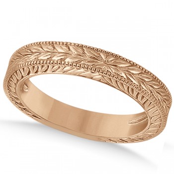 Vintage Carved Filigree Leaf Design Wedding Band in 14k Rose Gold