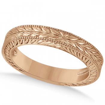 Vintage Carved Filigree Leaf Design Wedding Band in 14k Rose Gold