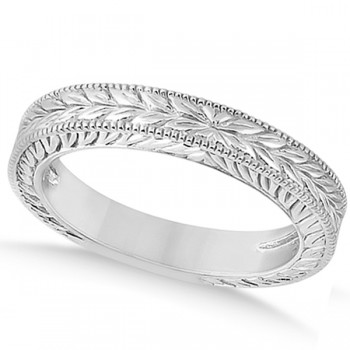 Vintage Carved Filigree Leaf Design Wedding Band in 14k White Gold