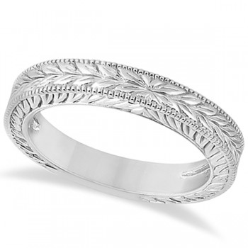 Vintage Carved Filigree Leaf Design Wedding Band in 14k White Gold