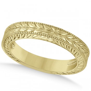 Vintage Carved Filigree Leaf Design Wedding Band in 14k Yellow Gold