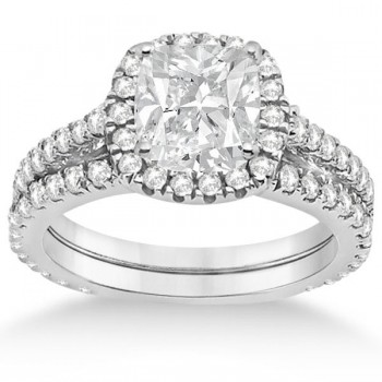 Halo Cushion Diamond Engagement Ring Bridal Set 18k White Gold (1.07ct)