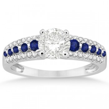 Three-Row Blue Sapphire Diamond Engagement Ring 18k White Gold 0.55ct