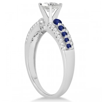 Three-Row Blue Sapphire Diamond Engagement Ring 18k White Gold 0.55ct
