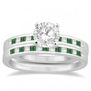 Princess Cut Diamond & Emerald Bridal Ring Set 14k White Gold (0.54ct)