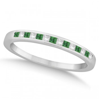 Princess Cut Diamond & Emerald Wedding Band 18k White Gold (0.34ct)