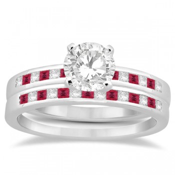 Princess Cut Diamond & Ruby Bridal Ring Set 14k White Gold (0.54ct)