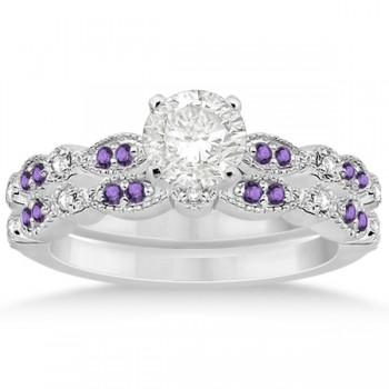 Marquise and Dot Amethyst & Diamond Bridal Set 14k White Gold 0.49ct