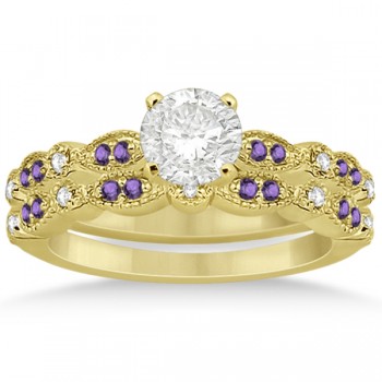 Marquise and Dot Amethyst & Diamond Bridal Set 14k Yellow Gold 0.49ct