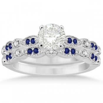 Blue Sapphire & Diamond Marquise Bridal Set 14k White Gold (0.49ct)