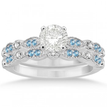 Marquise & Dot Blue Topaz & Diamond Bridal Set 14k White Gold 0.49ct