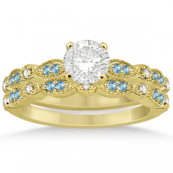 Marquise & Dot Blue Topaz & Diamond Bridal Set 14k Yellow Gold 0.49ct