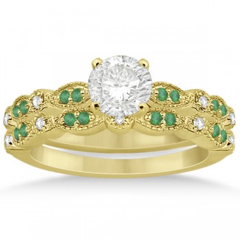 Petite Emerald & Diamond Marquise Bridal Set 14k Yellow Gold (0.41ct)