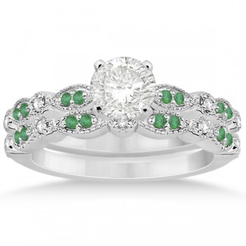 Petite Emerald & Diamond Marquise Bridal Set 18k White Gold (0.41ct)