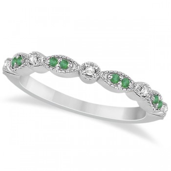 Petite Emerald & Diamond Marquise Wedding Band 14k White Gold 0.21ct