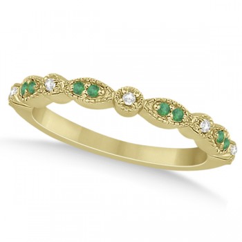 Petite Emerald & Diamond Marquise Wedding Band 14k Yellow Gold 0.21ct