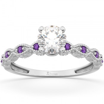 Vintage Lab Grown Diamond & Amethyst Engagement Ring 14k White Gold 0.50ct