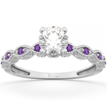 Vintage Lab Grown Diamond & Amethyst Engagement Ring 14k White Gold 0.75ct
