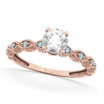 Vintage Diamond & Aquamarine Engagement Ring 14k Rose Gold 0.50ct