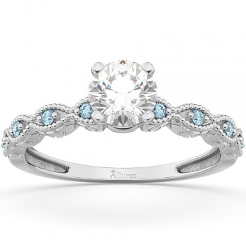Vintage Lab Grown Diamond & Aquamarine Engagement Ring 14k White Gold 0.75ct