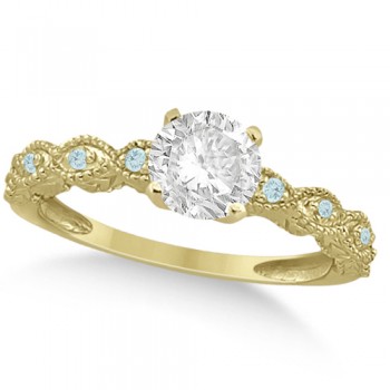 Vintage Lab Grown Diamond & Aquamarine Engagement Ring 14k Yellow Gold 0.50ct
