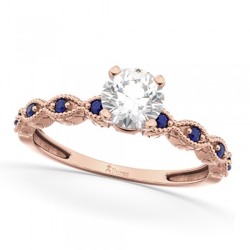 Vintage Lab Grown Diamond & Blue Sapphire Engagement Ring 14k Rose Gold 0.75ct