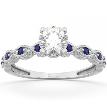 Vintage Lab Grown Diamond & Blue Sapphire Engagement Ring 14k White Gold 1.50ct