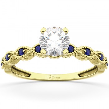 Vintage Lab Grown Diamond & Blue Sapphire Engagement Ring 14k Yellow Gold 0.50ct